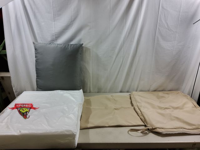 Lot 7-131279 - Favoyard outdoor cushion set with beige covers. Seat: 22"W X 24"D X 4". Back: 23"W X 19"H.