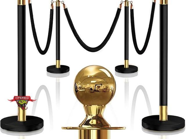 Lot 7-133274 - Jlxmaxjj 4-Piece black-gold stanchions posts with (3) 5 ft. velvet rope.