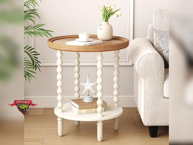 Lot 7-130146 - Round End Table, Farmhouse Side Table with Storage Shelf, 2 Tier.