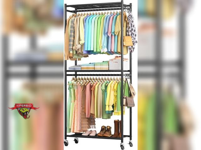 Lot 7-130025 - Sakugi Clothes Rack - 33.0" x 12.2" x 79.5" Clothing Rack with Shelves &amp; Wheels.