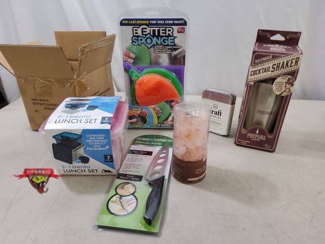 Lot 7-134732 - New! Bento box, Forever Knife, As seen on tv 3-pack better sponge, himalayan salt crystals, cocktail...