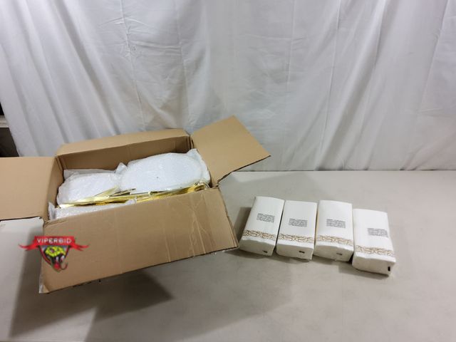 Lot 7-123522 - Bestvip approximately 700-Piece gold disposable dinnerware set. Includes plates, silverware, cups an...