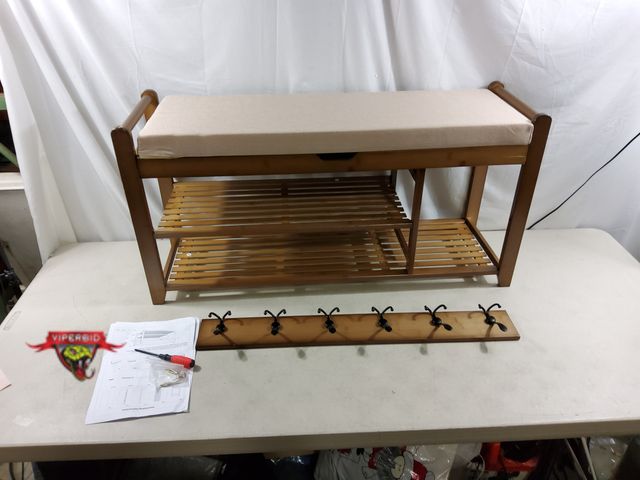 Lot 7-135004 - Entryway shoe rack bench with shelves &amp; storage underneath seat and a  wall mounted coat rack. B...