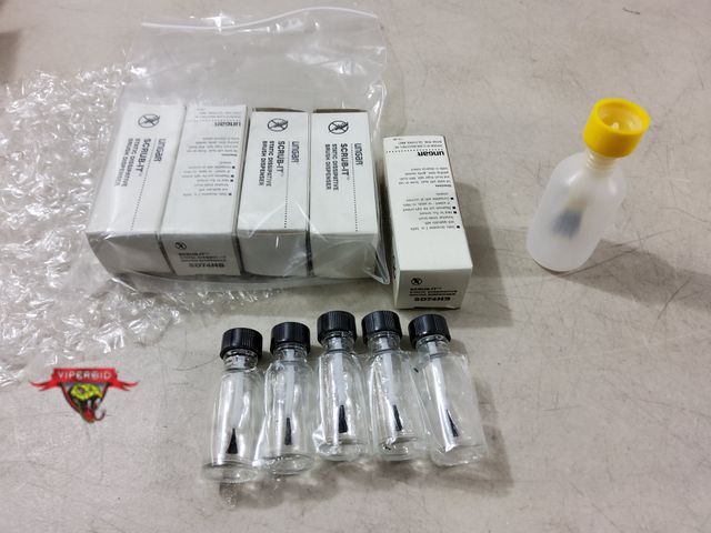 Lot 7-133116 - New! (5) SD74 Scrub-it Dispenser with Nylon Bristles and (5) Glass mini bottles with brush.