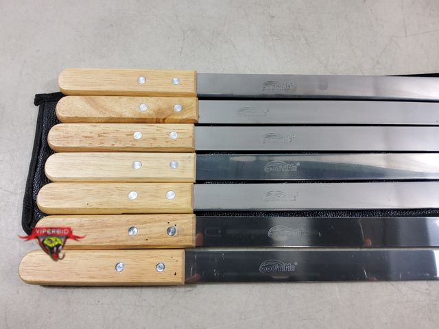 Lot 7-132473 - (7) Goutime 1" X 23"L Grilling  kebab skewers with wood handle and holder.