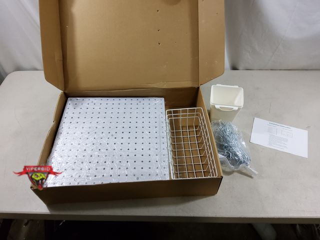 Lot 7-134680 - Peg Board. (4) Peg Boards Pieces (16" x 16") Includes (2) Plastic Bins, (1) Wire Basket, and Short a...
