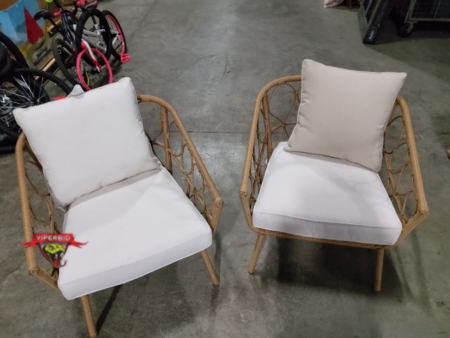 Lot 7-131910 - Retail value $550!  (2) Outdoor chairs with cushions. NOTE: Cushions are a bit dirty. Dimensions (Ov...