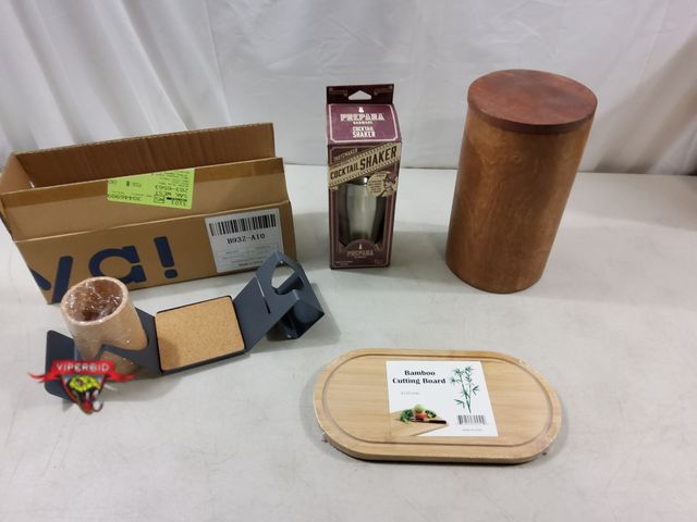 Lot 7-123421 - New! 10-1/2"H Wooden cylinder with lid, 11" X 5.5" X 0.5" Bamboo cutting board, prepara 16 oz. cockt...