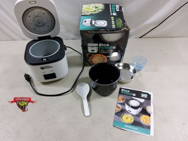 Lot 7-133189 - Rice Robot, Small Rice Cooker. Tested and Heated. **Damage to back by Hinge See Pictures**