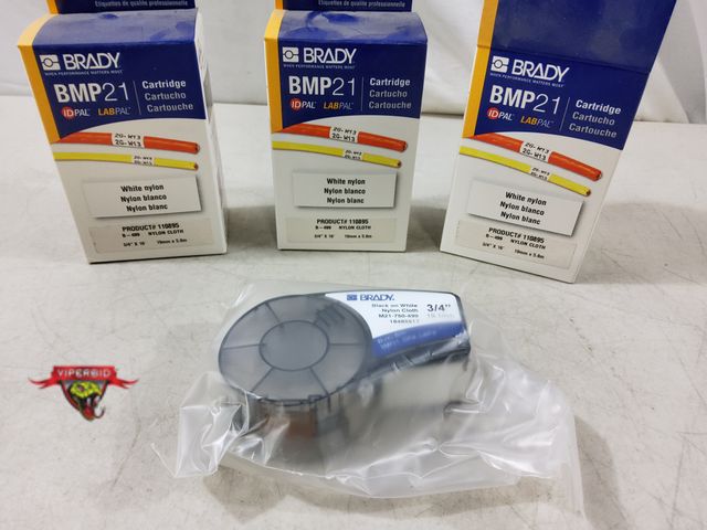 Lot 7-132659 - New! (3) Brady BMP21 black on white nylon cloth 3/4" X 16 ft. cartridges. Product # 110895