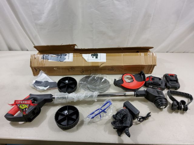 Lot 7-131114 - Drococasad 21V Battery powered cordless weed wacker with wheels.  Includes (2) Batteries and a charg...