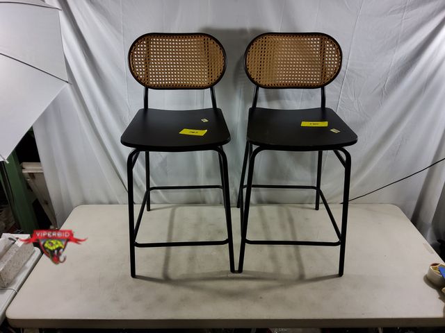 Lot 7-133462 - Set of 2 - 24" Wicker Back Metal Counter Height Barstools. Minor chip paints on seat (see pic).