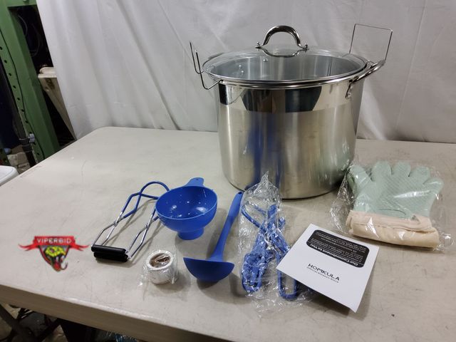 Lot 7-132972 - Homkula Stainless steel 20.5 qt Canning pot with rack and accessories.