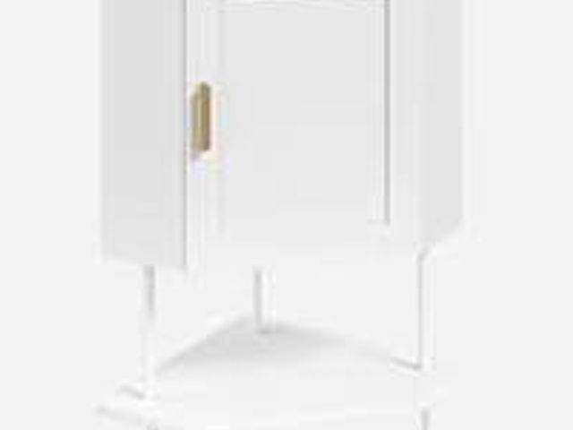 Lot 7-132985 - Mahancris compact wall corner cabinet. 1 shelf inside cabinet.
