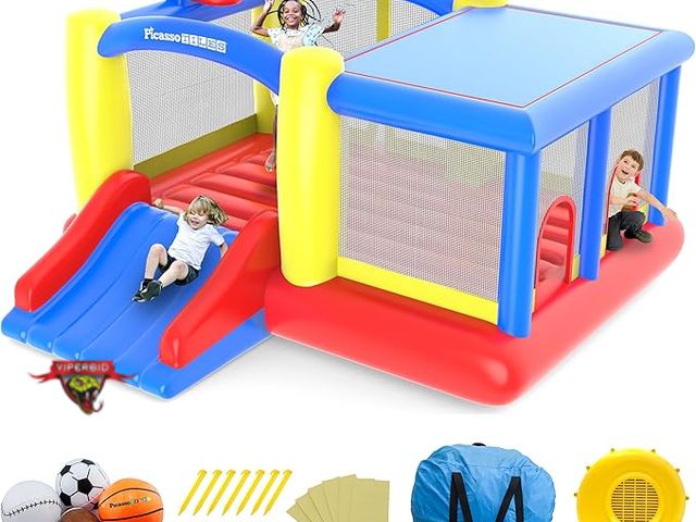 Lot 7-134047 - Retails new for $249. Picasso Tiles Jump, Slide &amp; Dunk inflatable Bounce house with blower and r...