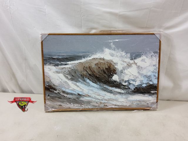 Lot 7-131163 - Arpeotcy 3D textured framed canvas wall art. Blue and white ocean waves. 16" X 24".
