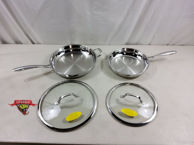 Lot 7-123428 - 4-Piece Cusinart professional try ply stainless steel skillet set. Includes 10" &amp; 12" Skillet an...