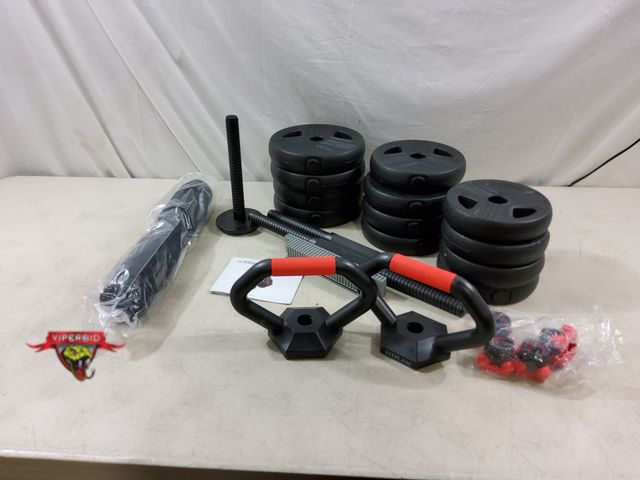Lot 7-133426 - Fitplam Adjustable dumbbell set / barbell / kettle bell. Includes wieghts:  (4) 4.5 lb, (4) 3.5 lb. ...
