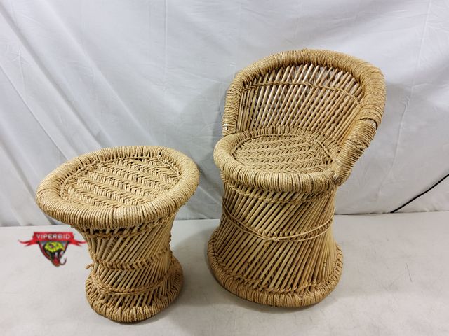 Lot 7-133385 - Retail value $97! Shivero Homes Handmade Natural Cane Bamboo Mudda Chair &amp; side table/stool. Cha...