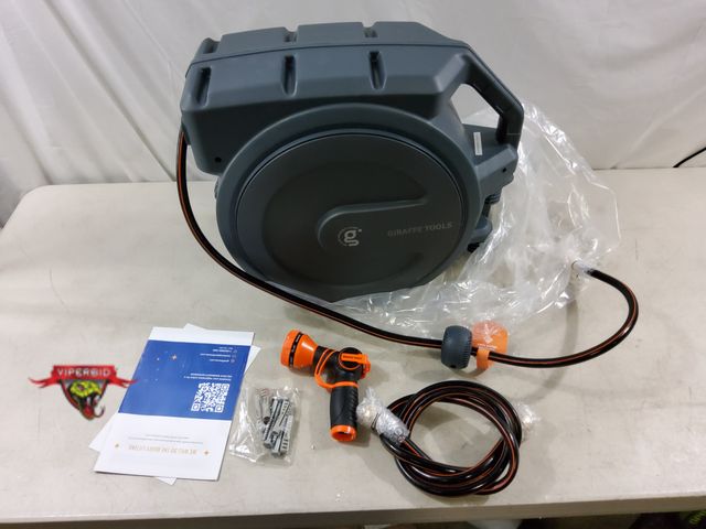 Lot 7-133428 - Giraffe Tools retractable hose reel with hose.  1/2" X 130 ft. Hose. Model AW4012US.