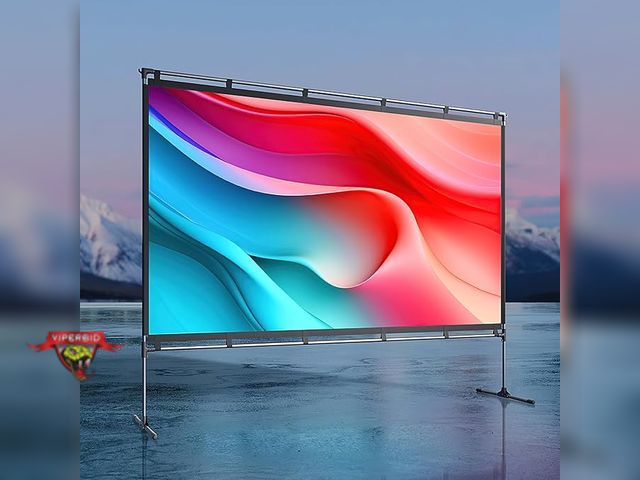 Lot 7-130615 - JMGO 100" Portable projector screen with stand and storage bag.