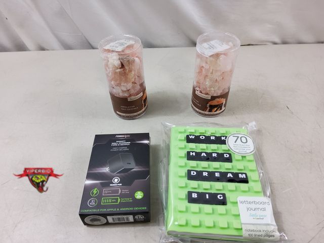 Lot 7-131499 - (2) Himalyan 1 lb. salt crystals, Little Pear Letterboard journal and a PowerXcel 20W wall charger t...