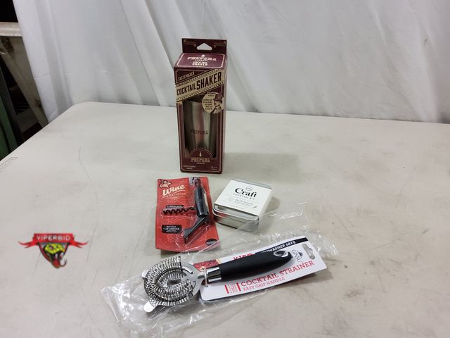 Lot 7-134133 - All New! Wine Corkscrew / bottle can opener, 16 oz. Cocktail shaker, cocktail strainer and a Craft c...