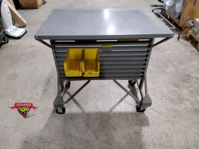 Lot 7-123799 - Rolling Akro-Mils Steel Mobile Bin Rail Floor Rack with assorted bins.  36-1/2" (without handle) x 3...