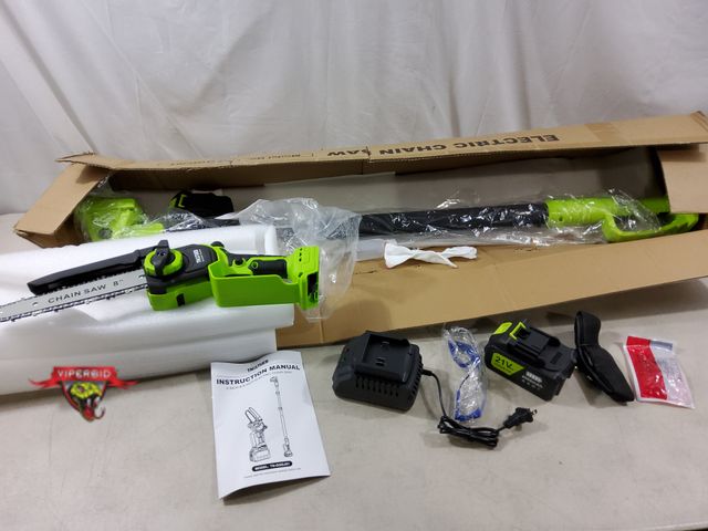 Lot 7-134580 - Tneltueb 8" 21V Electric chain saw with extendable pole. Includes (2) Batteries and charger. Tested.