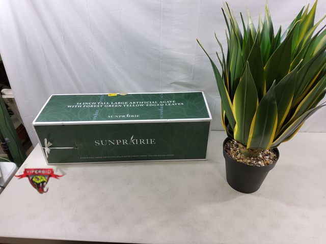 Lot 7-131788 - New! SunPrairie 34" Tall potted artificial agave plant with green/yellow edge leaves.