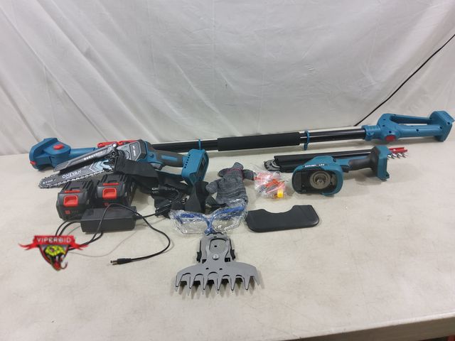 Lot 7-132721 - Cordless pole saw, hedgetrimmer &amp; electric chainsaw with 2 batteries and charger. 14.5 ft. reach...