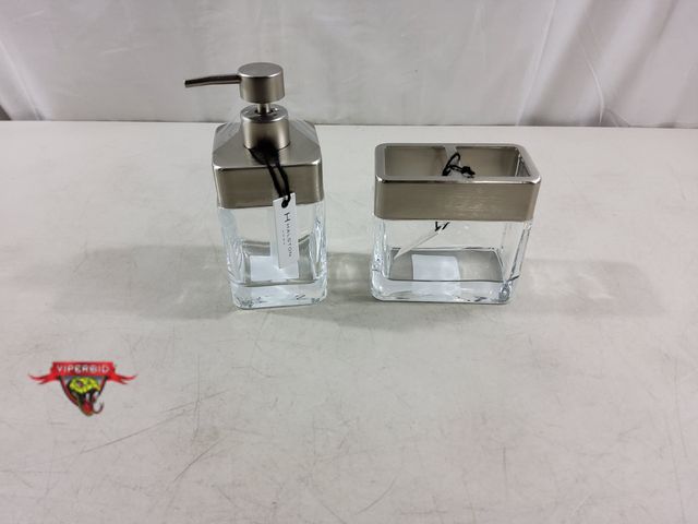 Lot 7-123443 - New! H Halston heavy weight glass toothbrush holder and soap dispenser.