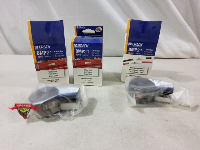 Lot 7-132490 - New! (3) Brady BMP21 cartridges. Includes (2) Black on white vinyl 1/2" X 21 ft. (#110903) and (1) B...