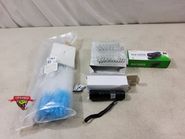 Lot 7-132530 - New! Box of 20 - Self Adhesive wall hooks, Mini flashlight, Standard desk stapler and a 5-Pack of bo...