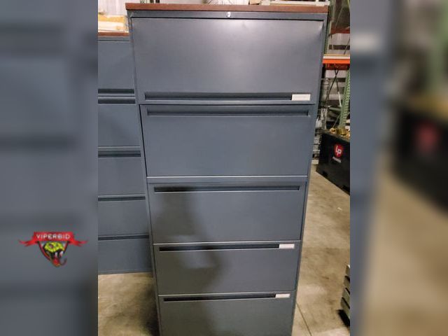 Lot 7-123815 - 5-Drawer metal file cabinet - Top drawer has lift up door. Dimensions:  36"W X 18"D X 80-3/4"H. Lock...