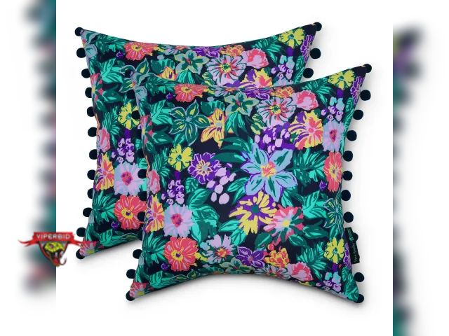 Lot 7-131656 - New! Retail value $50! 2pk - 18"x18" Vera Bradley Happy Blooms Square Outdoor Throw Pillows with Pom...