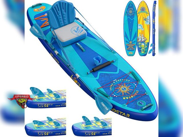 Lot 7-131392 - Retail $249! New! Itaostar Journey inflatable paddle board with oars, manual pump, seat and more! 11...