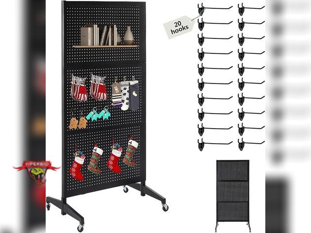 Lot 7-134044 - 3-Panel Rolling Black Pegboard Panels Display Stand with T-Base and hooks. Approximately 3 ft. X 6 f...