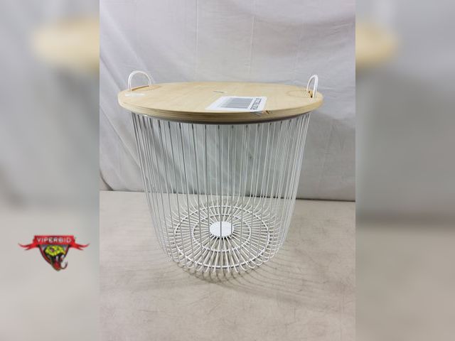 Lot 7-132730 - Wire storage basket with wood lid and handles. 18" dia. X 17-1/2"H. Note: Small piece chipped on lid...