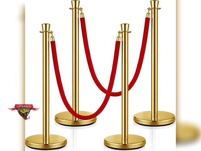 Lot 7-134010 - (4) Post Gold Stanchions with (3) Red Velvet Ropes. (36-3/4T)