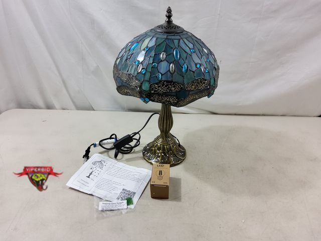 Lot 7-130670 - Retail value $112! Werfactory Tiffany Lamp Sea Blue Stained Glass Table Lamp with light bulb. 12" X ...