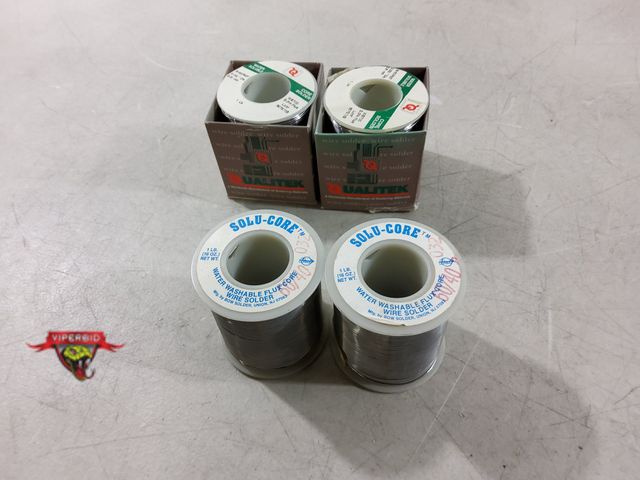 Lot 7-135604 - New! (2) 1 lb. spools of Solu-Core water washable flux core wire solder and (2) Qualitek 1 lb. spool...