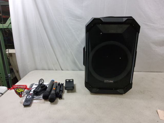 Lot 7-133389 - Really Damaged - but works - tested! Bluetooth karaoke speaker system with two wireless microphones ...
