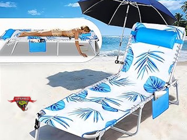 Lot 7-133371 - Luxfero 3-in-1 Folding lounge tanning chair with umbrella and face hole.  74.8"L XXX 23.2"W X 13.4"H...