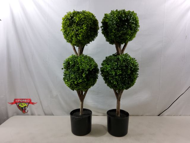 Lot 7-130826 - (2) Artificial 35"H Potted double ball tree topiary. NOTE: 1 Pot broken - see pic.