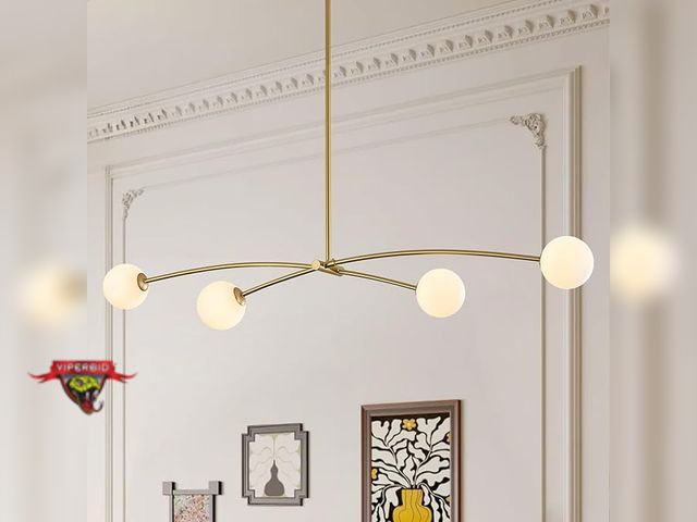 Lot 7-123342 - Merinea 51"L Modern Gold Sputnik Chandelier. Mid Century 4 Lights Milk Glass Globe .