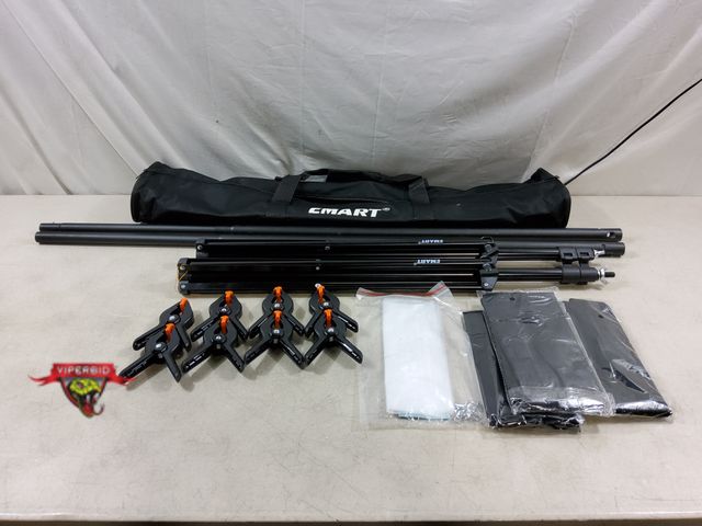 Lot 7-133058 - 10ft W x 8ft T Adjustable Backdrop Stand. Includes (8) Clips and (2) Bags for sand.
