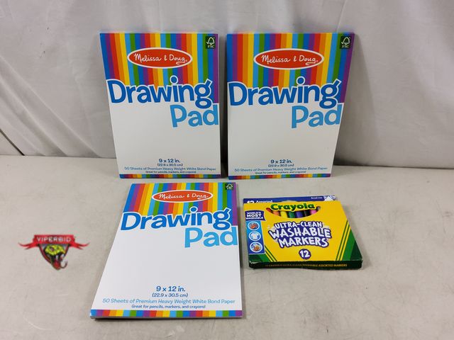 Lot 7-135680 - (3) Melissa &amp; Doug 9 X 12 Drawing pads and a box of 12 Cryaola Ultra-Clean washable markers.  50...