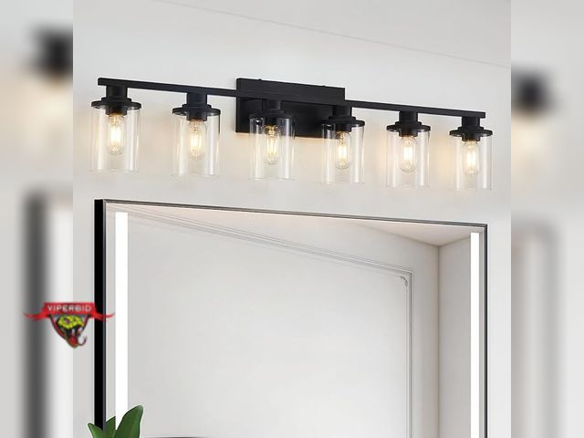 Lot 7-130392 - Stambord 6 Light Matte Black Bathroom Vanity Light Fixtures with Clear Glass and Metal Base. 38"L.