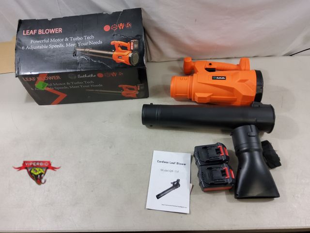 Lot 7-131438 - Missing charger. 21V Cordless leaf blower with 2 batteries.  Model QIF-11F. Tested - Works.